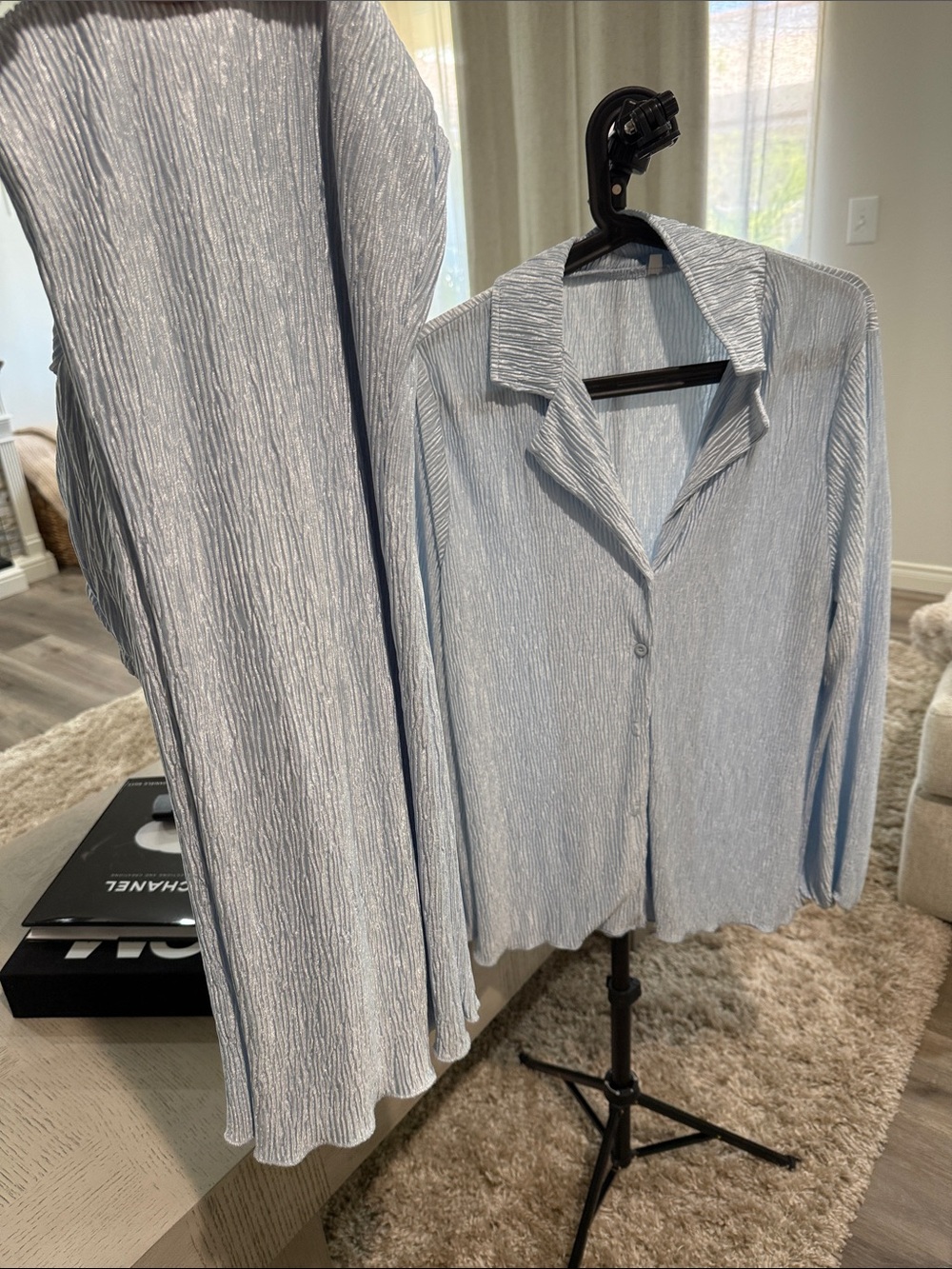 Light Blue Crinkle Button-Down Top and Matching Pants Set